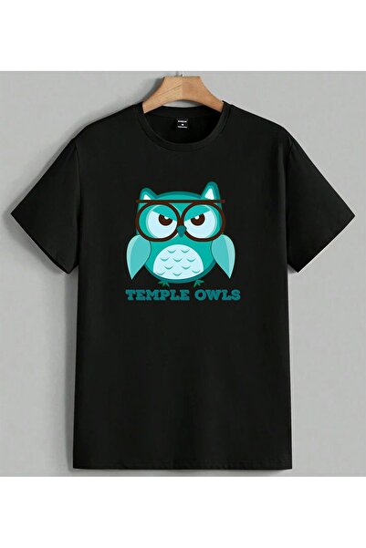 ELFERA Temple Owls Turquoise Owl Printed Unisex Oversize T-Shirt Black