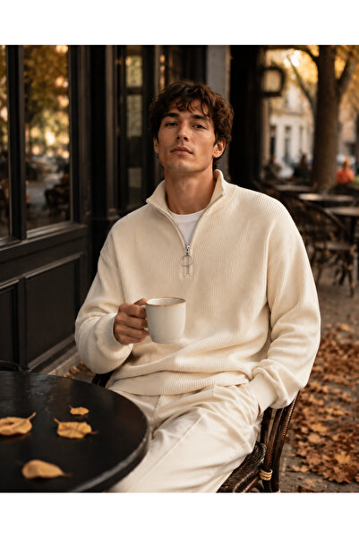 oneoff Men's Premium Half-Zip Ribbed Knit Sweater