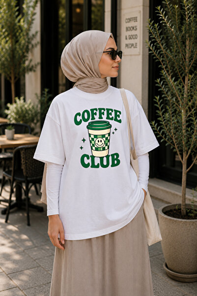BAGAND Premium Coffee Club Printed Oversize Unisex T-Shirt 100% Cotton White ...