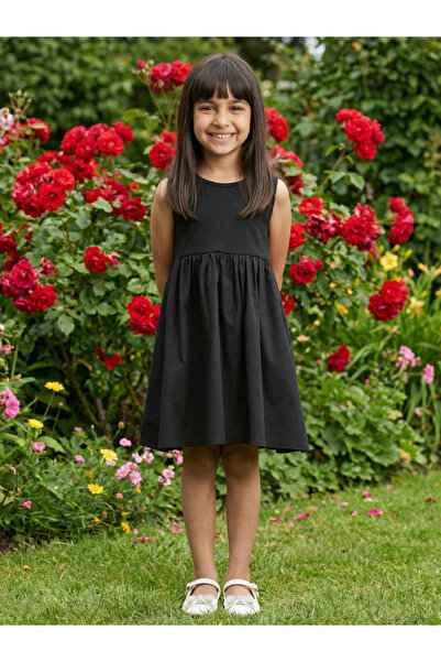 Globus By Styli Girls Black Round Neck Sleeveless Solid Gathered Detail Fit &...