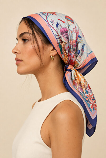Sehlen Kadın Egzotik Saray Desenli Saten Fular Bandana 56x56 cm - Koyu İndigo