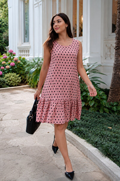 armonika Women's Dusty Rose Sleeveless Skirt Ruffled Polka Dot Dress Arm-26Y0...