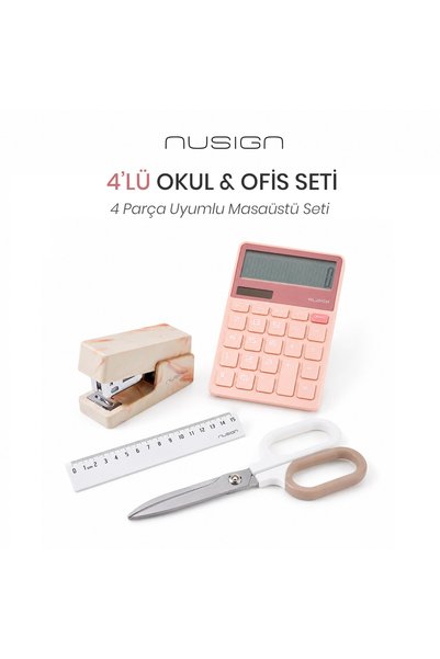 Nusign Hesap Makinesi &Zımba & Makas Kırtasiye Seti - Pembe