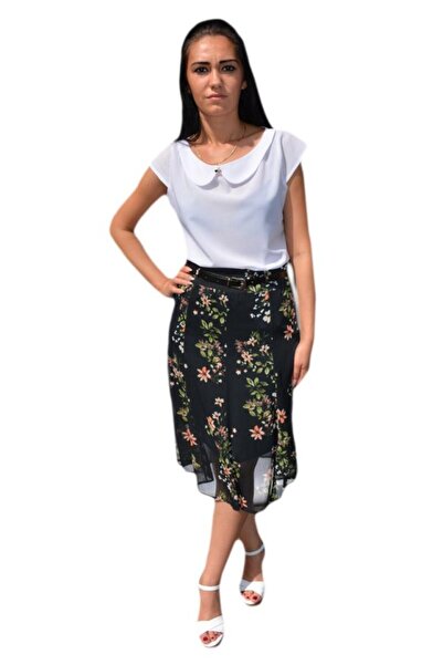 OEM Fuste lejere, midi, nuanta de negru, cu imprimeu floral multicolor