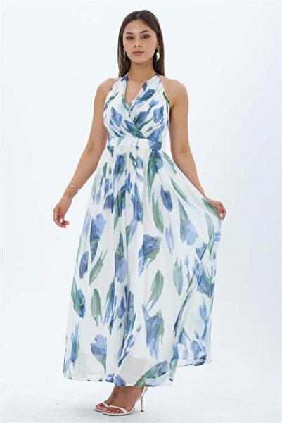 Dipmoda Women's Blue Leaf Pattern Halter Neck Maxi Length Dress Dpmy4122