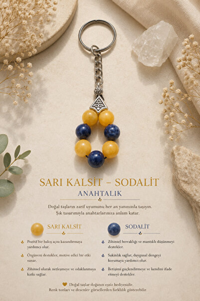 OSMANLI DOĞAL TAŞ Certified Yellow Calcite - Dark Blue Sodalite Keychain