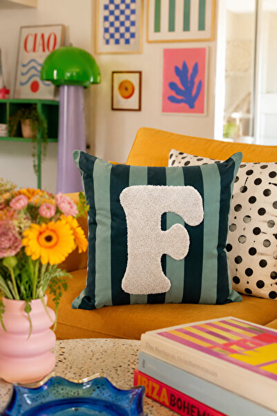 Pilloveland Punch Embroidered Cushion Cover - 43*43 cm - Green Letter F - Pnk001