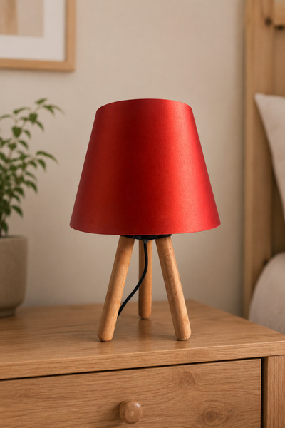 EvLight Tripod Bohemian Red Fabric Headed Wooden Lampshade