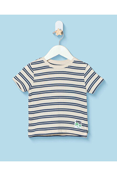 REDTAG Infant Boys Beige And Blue Striped T-Shirt
