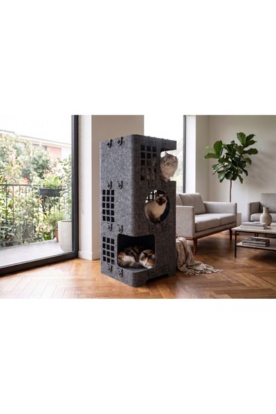 CatMozz Ketoki Üç Katlı Keçe Kedi Evi – Modern Tasarımlı 3 Katlı Kedi Yuvası,...