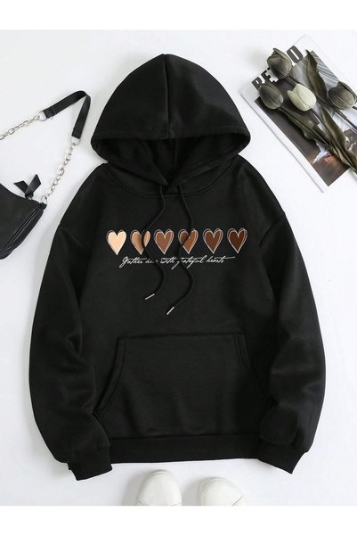 WESTİMO Unisex Black Multi Heart Printed Hooded Hoodie Sweatshirt
