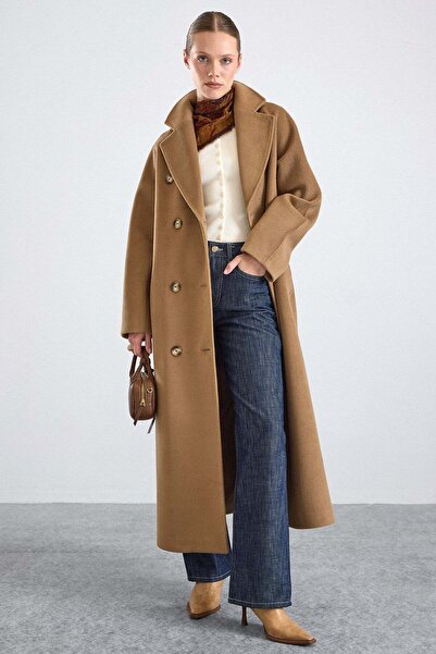Olcay Knitted and Button Detailed Double-Breasted Premium Coat K. Kamel 3170