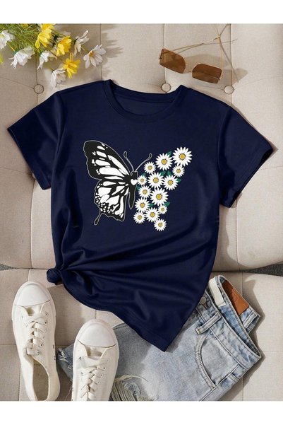 WESTİMO Women's Navy Blue Butterfly Daisy Printed Oversize T-Shirt
