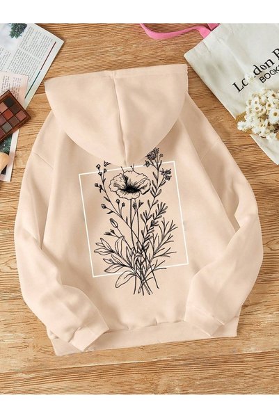 WESTİMO Unisex Beige Square Floral Printed 3 Thread Hooded Hoodie Sweatshirt