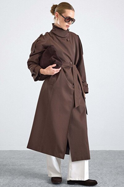 Olcay Water Repellent Trench Coat with Stand Collar, Patch and Epaulet Detail...