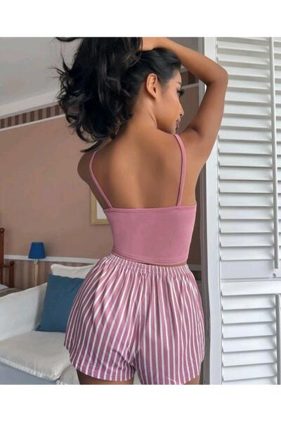 Hobibahçem بدلة بيجامة نسائية بخطوط وردية مع شورت بحمالات 5002