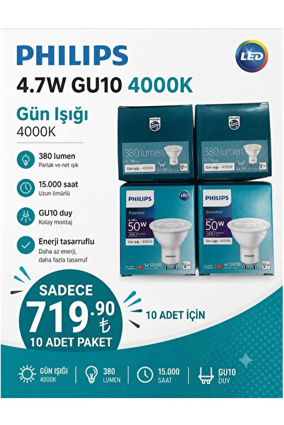 Philips 4.7W GU10 Duy 4000K Gün Işığı LED Spot Ampul 380 Lumen - 10'lu Paket