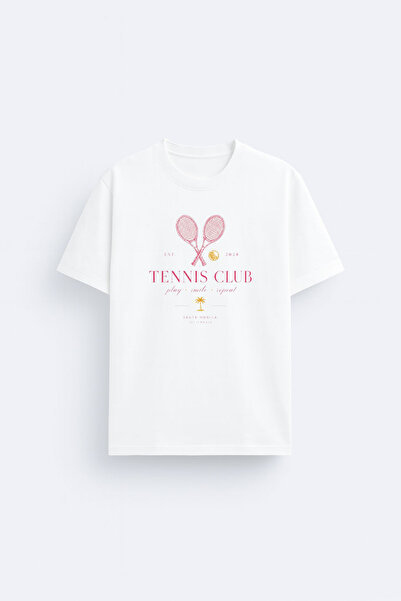 cesita Tennis Printed Cotton White T-Shirt