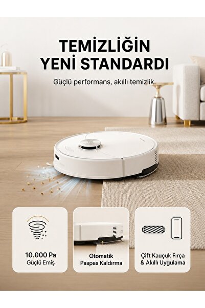 Roborock Yeni Akıllı Robot Süpürge Beyaz 10000 Pa Güçlü Emiş Dakikada 3.000 T...