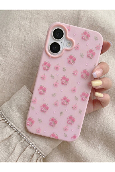 Iphone 16 Uyumlu Pembe Çiçek Desenli, Çift Kılıflı Kamera Korumalı ve Darbe Emici
