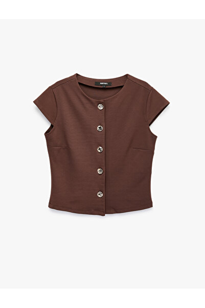 Koton Crew Neck Cap Sleeve Jewel Button Blouse