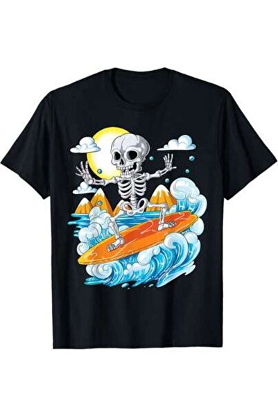 Astogria13 تي شيرت مطبوع عليه هيكل عظمي للجنسين من Skeleton Surfing Halloween...