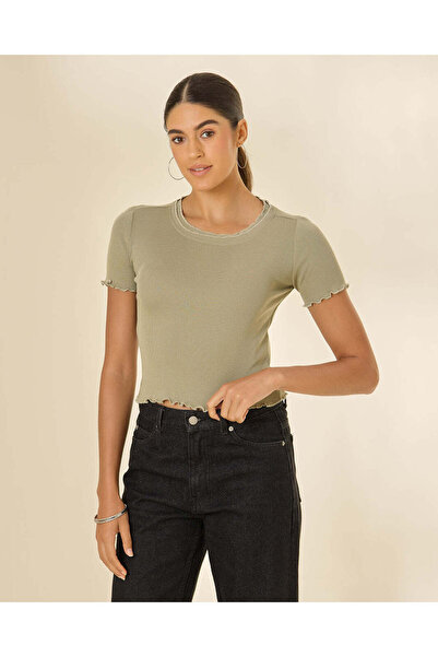 REDTAG Women Green Ruffle Hem Knit Top