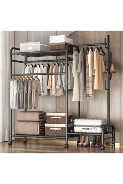 Generic Mobile Metal Clothes Rack with Multiple Rods and Wide Shelves