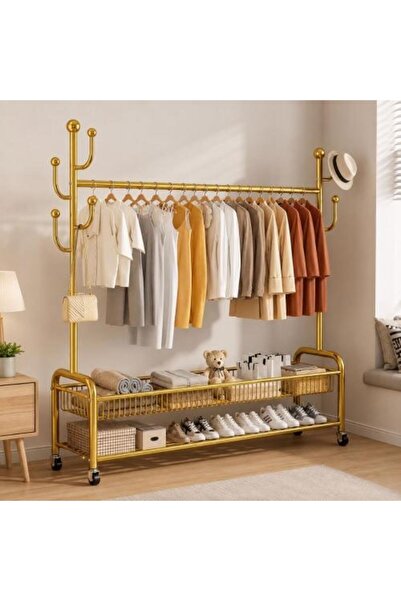 Generic Golden Metal Clothes Hanger 150 cm with Wheels and Two Lower Shelves