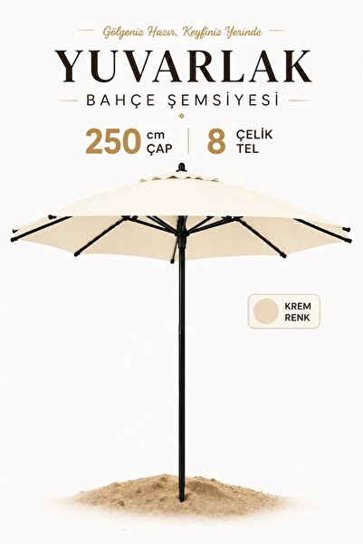 Düvenci Alubrella Bahçe,Güneş Şemsiyesi Krem Renk Yuvarlak 250 cm çap/8 çelik...