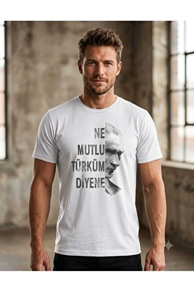 Kadın/Erkek Beyaz %100 Pamuklu Ne Mutlu Türküm Diyene Atatürk Baskılı Bisiklet Yaka T-Shirt