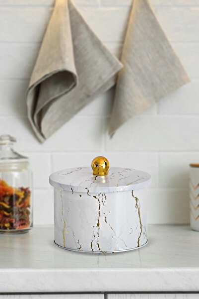 Evle Exclusive Marble White Patterned Metal Storage Container, 14 Cm, Kitchen...