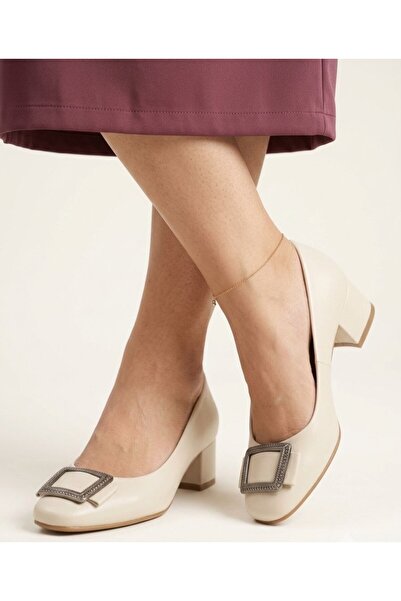 Gönbeler Women's Cream 5 cm Square Heeled Stone Buckle Stylish and Comfortabl...