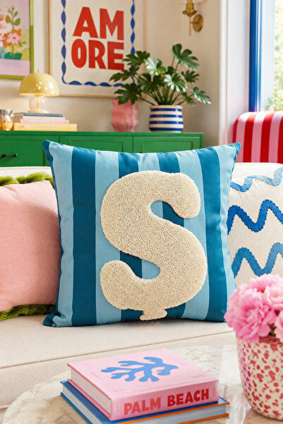 Pilloveland Punch Embroidered Throw Pillow Cover - 43*43 cm - Blue Letter'Sh'...