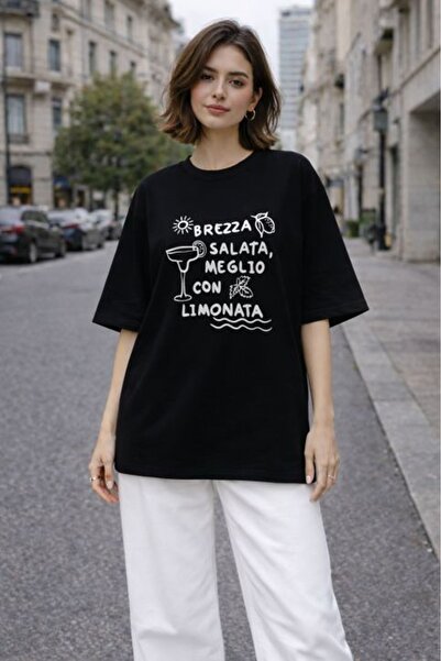 Moda Days Γυναικείο μπλουζάκι με μαύρο στάμπα και κοντό μανίκι, oversize, με ...