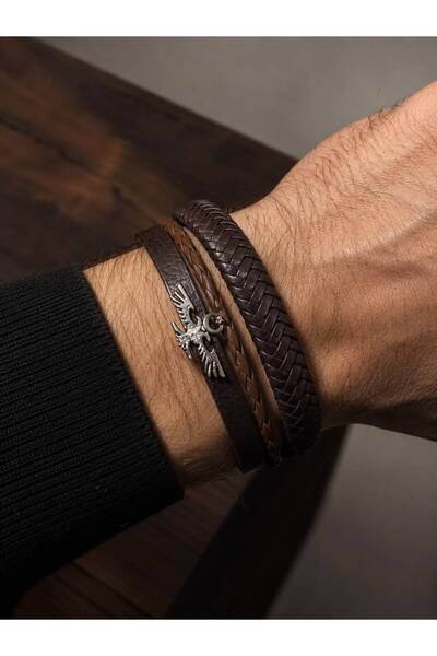 Feronnucci Unisex 3-Piece Combination Pu Leather Bracelet Brown Braided Leath...