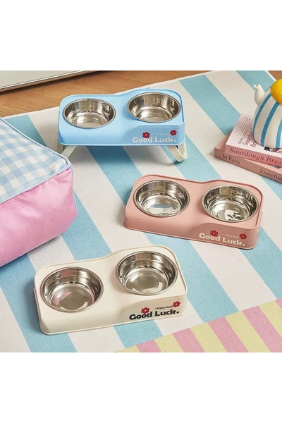 mywarehouse İkili Ayaklı Kaymaz Tabanlı Çelik Mama ve Su Kabı(250ml+250ml) Go...