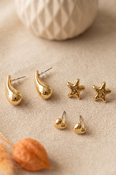 Elika Silver Gold Color Triple Star, Heart, Drop Model Earring Set