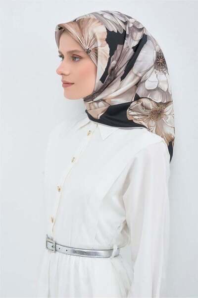 Armine Sura Pure Silk Scarf 9503 - 07 Black Silver Floral Pattern