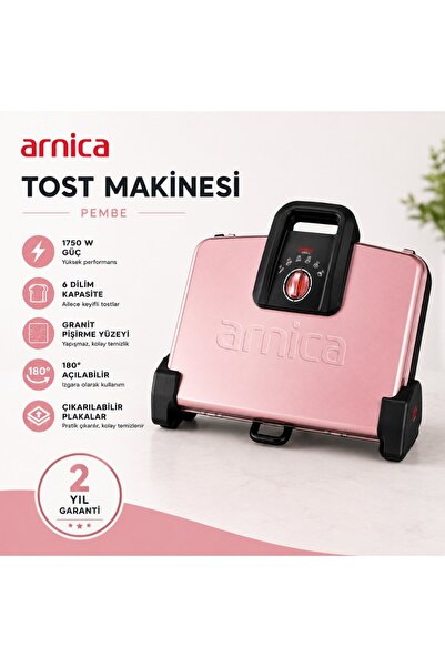 Arnica Granit Rose Tost Makinesi 1750 W Çift Taraflı 6 Dilim Kapasite ile Şık...