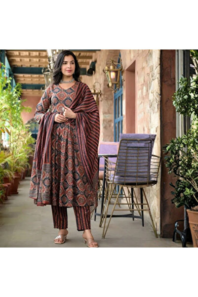 MYSMAR Brown Viscose Cotton Salwar Kameez Dupatta - ALV1460 | Brown-Size:XL-4...