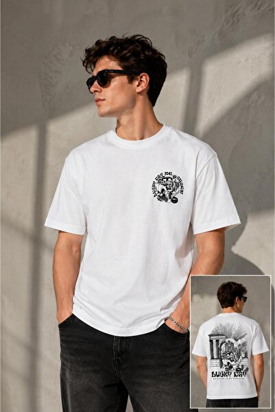 Pi Giyim Unisex Lucky Day Premium Oversize Λευκό T-Shirt με στάμπα