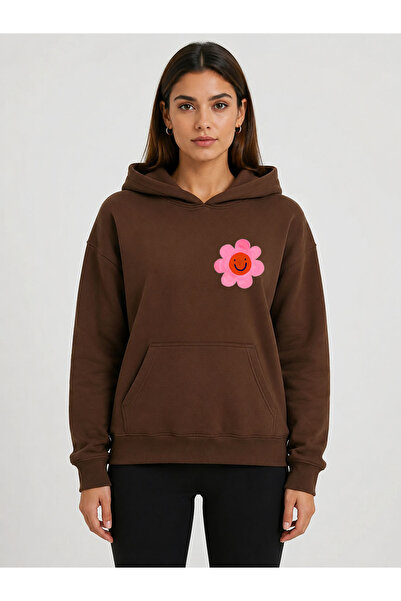 herkesemoda Emoji Flower Printed Hooded 2 Thread Threaded Sweatshirt