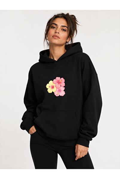 herkesemoda Floral Printed Hooded 2 Thread Threaded Sweatshirt