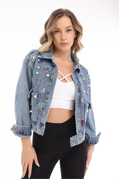 RENGARENG Women's Designer Denim Jacket with Colorful Stone and Chain Detail, Blue Oversize Fit Jeans Coat