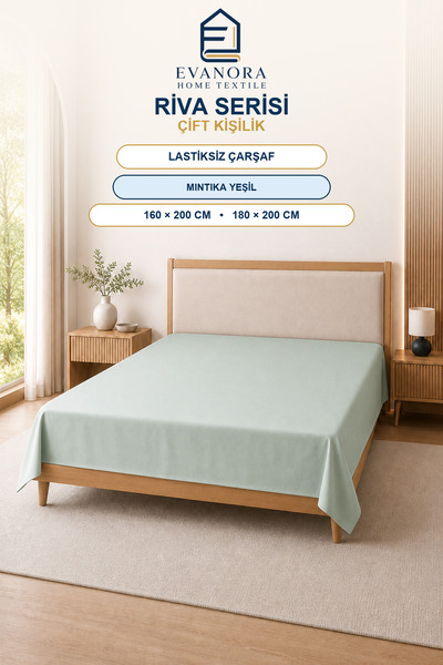 evonora Riva Series Mint Green Double Non-Elastic Flat Sheet 160X200 / 180X20...
