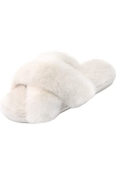 GENERAL Women's Cross Band Slippers Soft Plush Furry Cozy Open Toe House Shoe...
