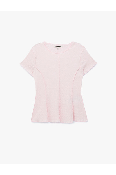 Koton Bürümcük Kumaş Hafif Peplum Kesim Nervürlü Bisiklet Yaka Kısa Kollu Bluz