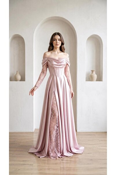 AbiyeSultan Kadın Saten Abiye - Nisa Tüllü Abiye - Pembe Pudra Abiye - Danete...