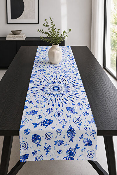 Bebişim Halı Blue Fish and Water Circles Patterned Marine Runner Tablecloth 4...